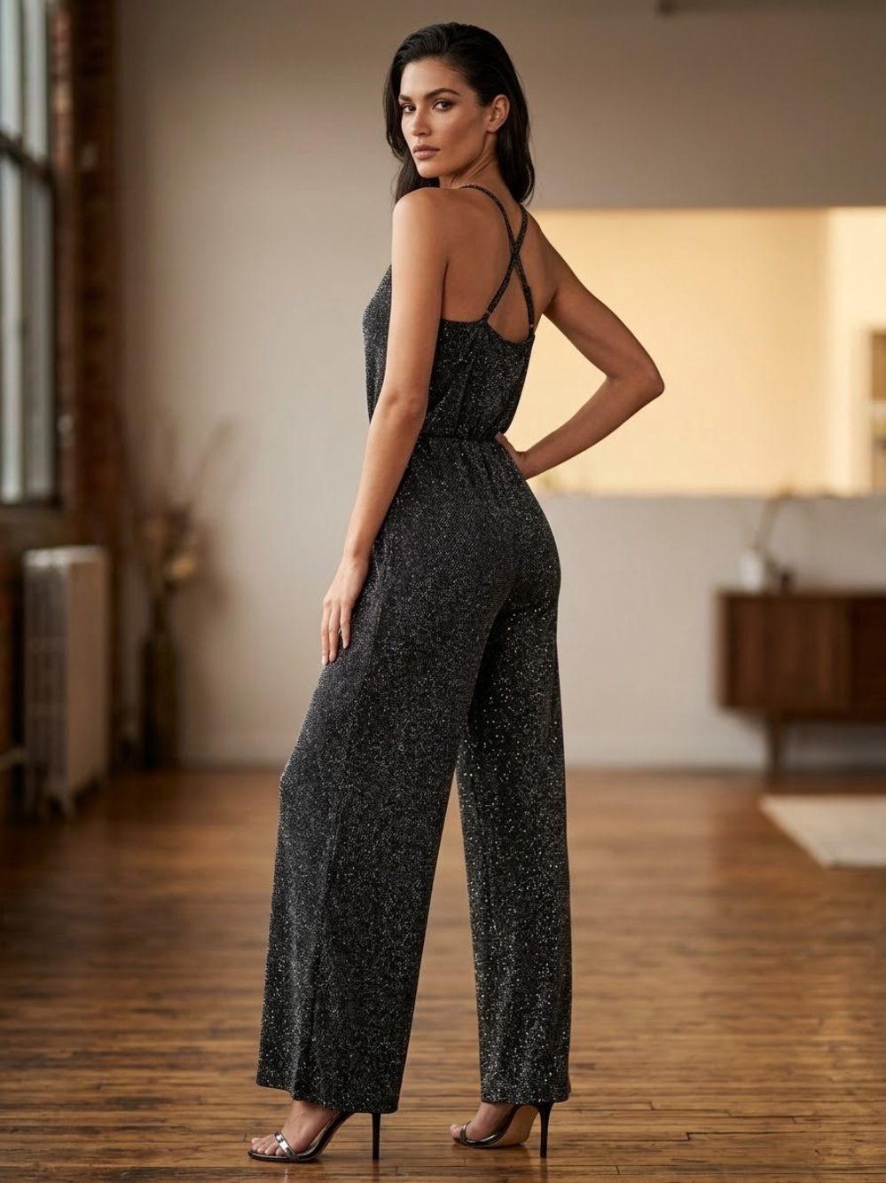 Urban Outfitters Black Sparkle Wide-Leg Jumpsuit